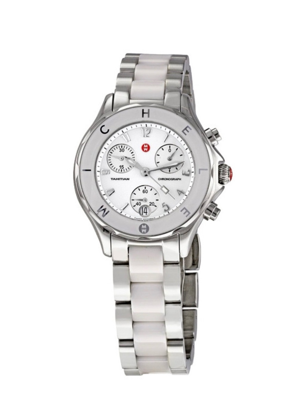 Michele White Ceramic & Stainless Steel Tahitian Chronograph Watch Womens